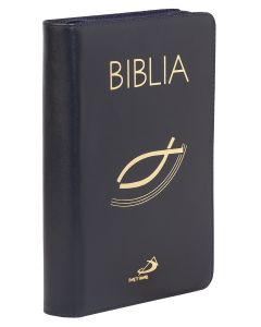 Biblia "z rybką" - skóra naturalna z suwakiem, granatowa, z paginatorami