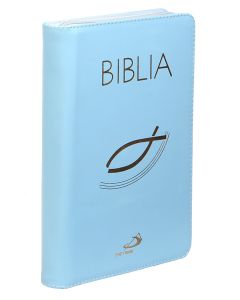 Biblia "z rybką" - oprawa skóra naturalna z suwakiem, niebieska, z paginatorami