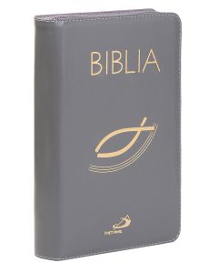 Biblia "z rybką" - oprawa skóra naturalna z suwakiem, szara, z paginatorami