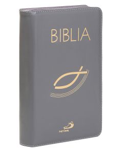 okładka_Biblia "z rybką" - oprawa skóra naturalna z suwakiem, szara, z paginatorami